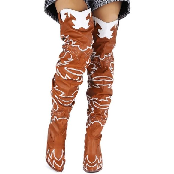 Women Tan Fabric Thigh High Over The Knee Pointed Toe Chunky Heel Fashion Boot - Picture 5 of 6